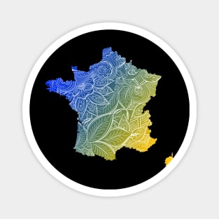 Colorful mandala art map of France with text in blue and yellow Magnet